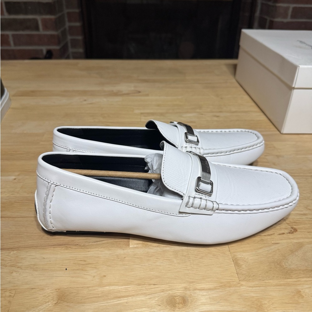 Calvin Klein Men's White Leather Slip-On Loafers with Silver Bit